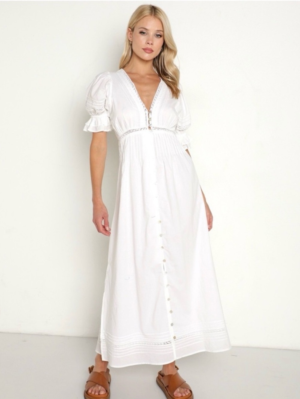 Cleobella White V-Neck Button-Front Maxi Dress with Lace Trim